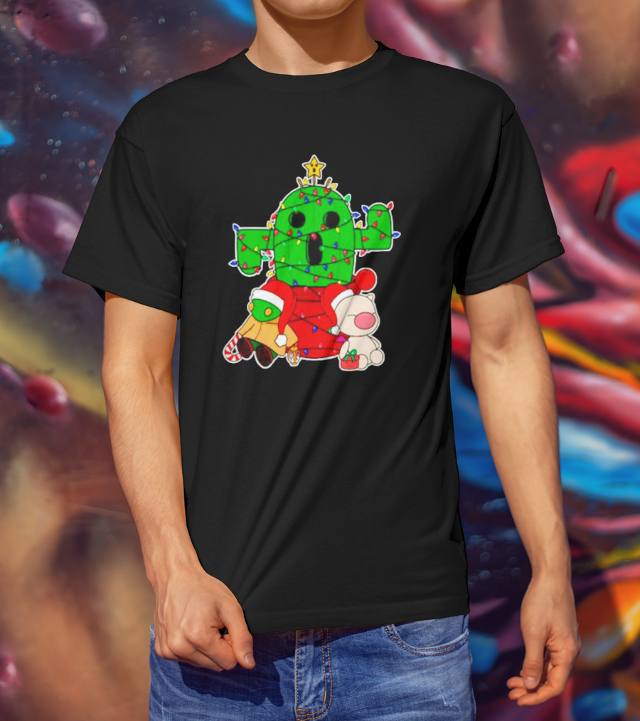 Christmas Moogle Cactuar Wrapped In Lights Star Topped Festive Scene T-Shirt