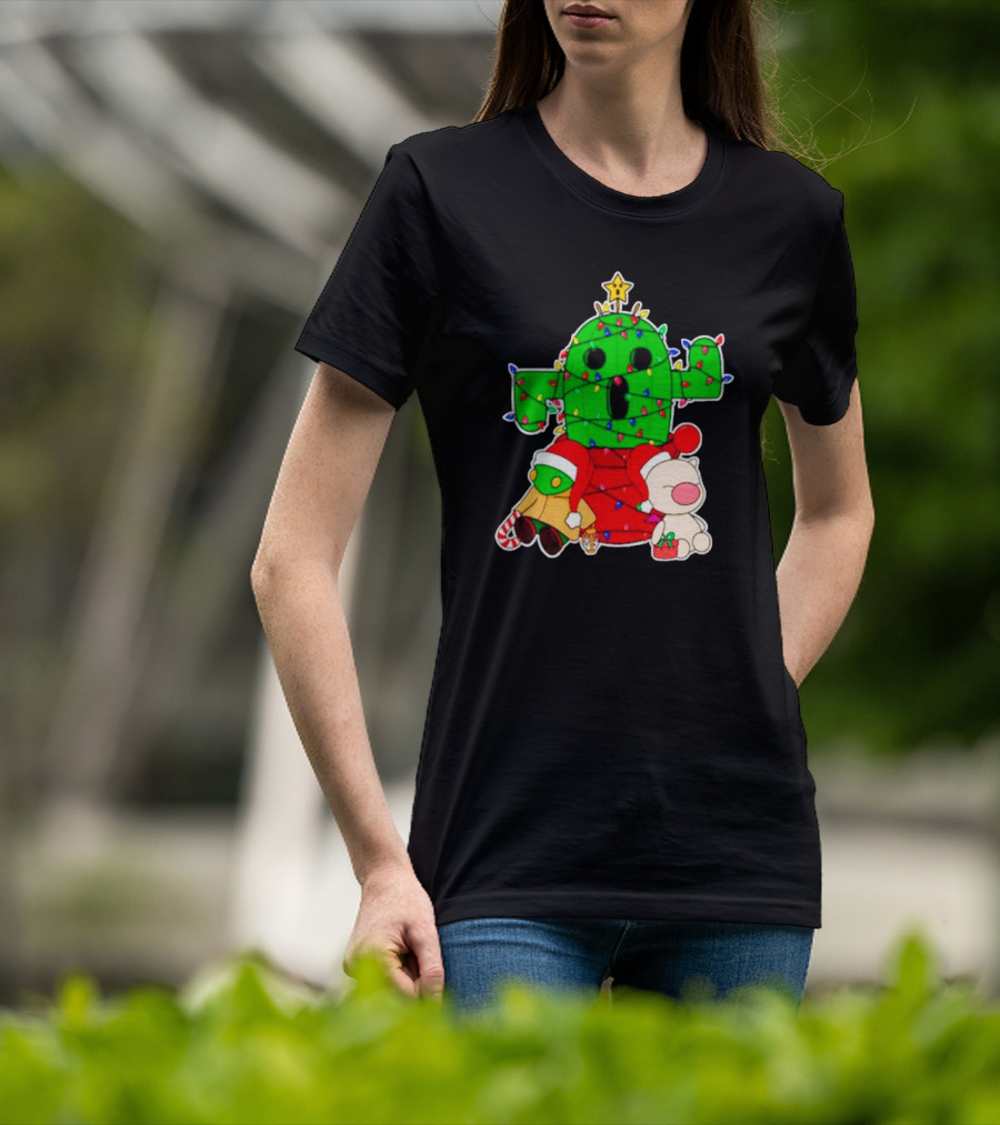 Christmas Moogle Cactuar Wrapped In Lights Star Topped Festive Scene T-Shirt