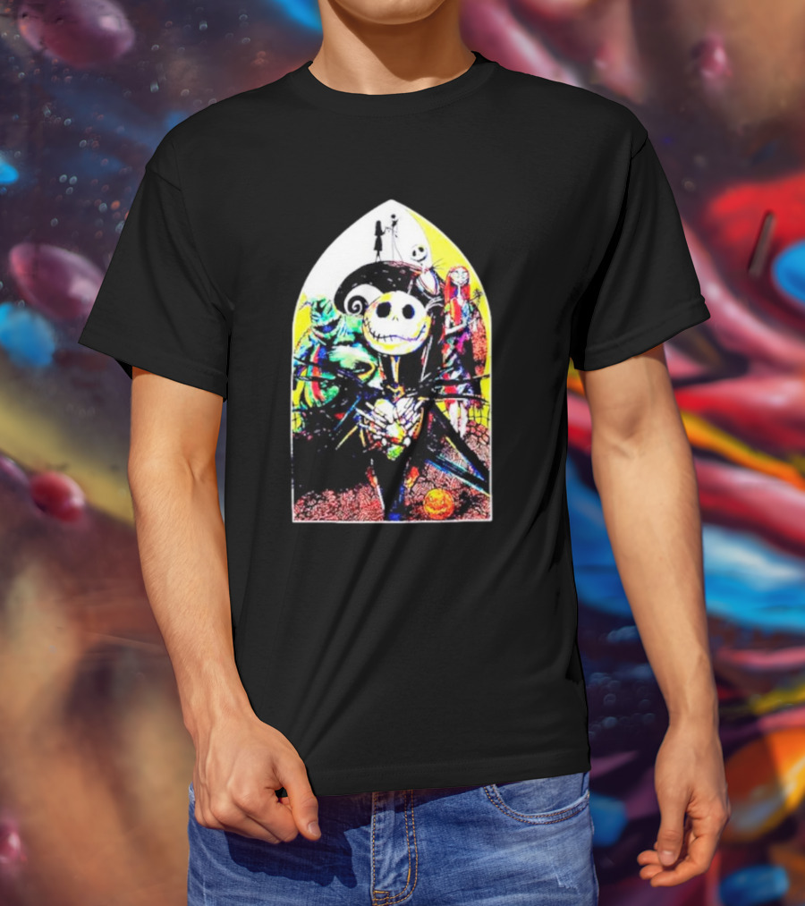Jack Skellington And Friends Stained Glass Style Scene From The Nightmare Before Christmas T-Shirt