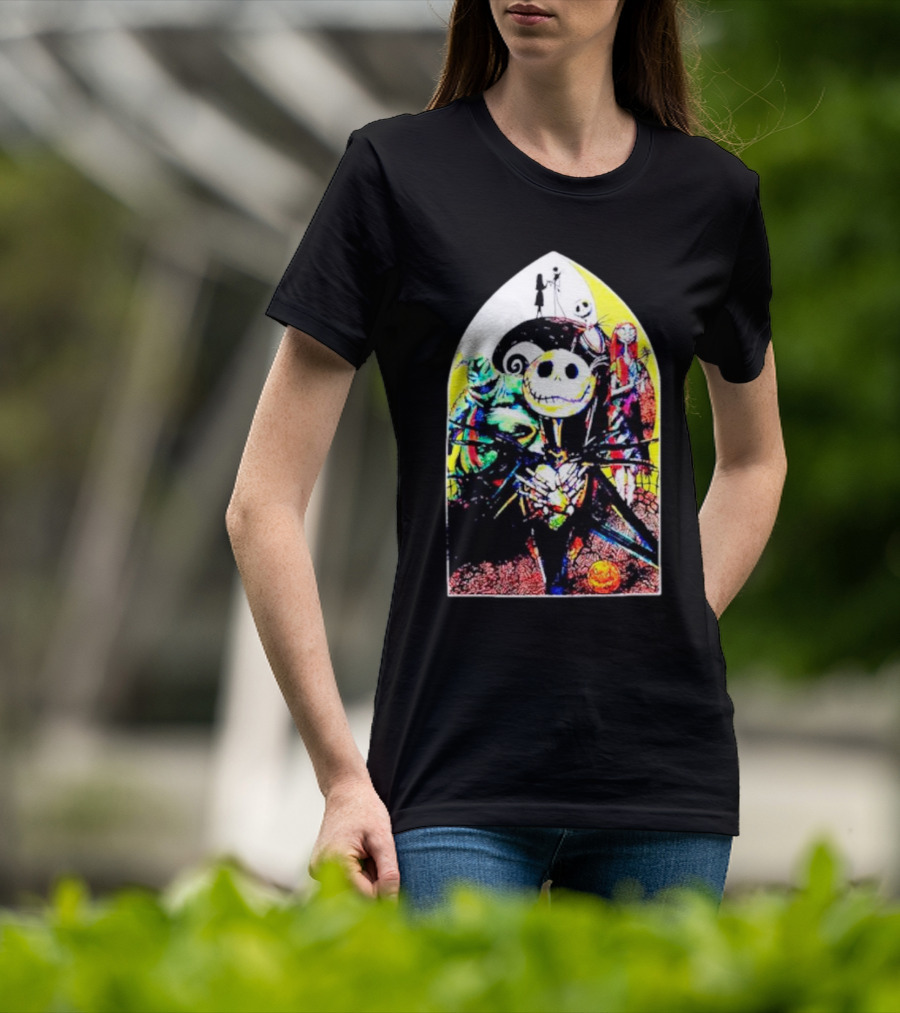 Jack Skellington And Friends Stained Glass Style Scene From The Nightmare Before Christmas T-Shirt