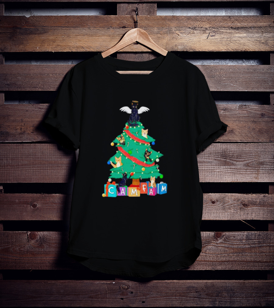 Cam Fam Christmas Tree With Cats And Holiday Blocks T-Shirt