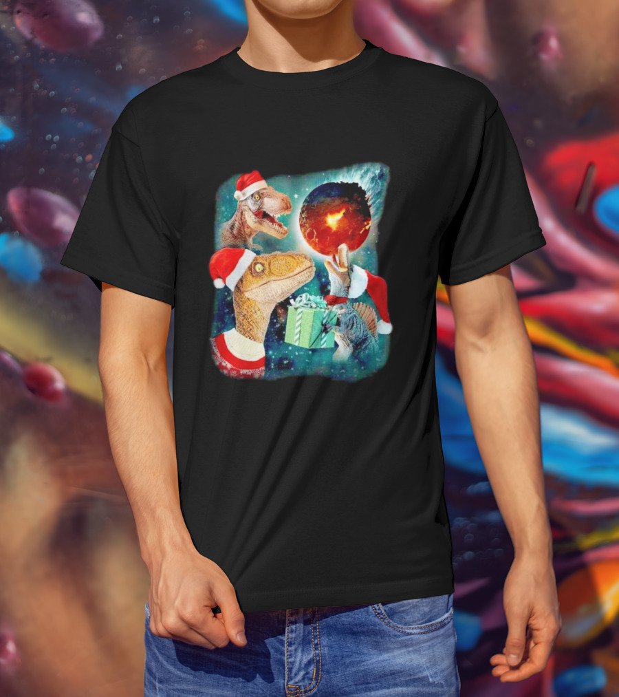 T-Rex Christmas Festive Santa Hat Dinosaur Planet Gift Explosion T-Shirt