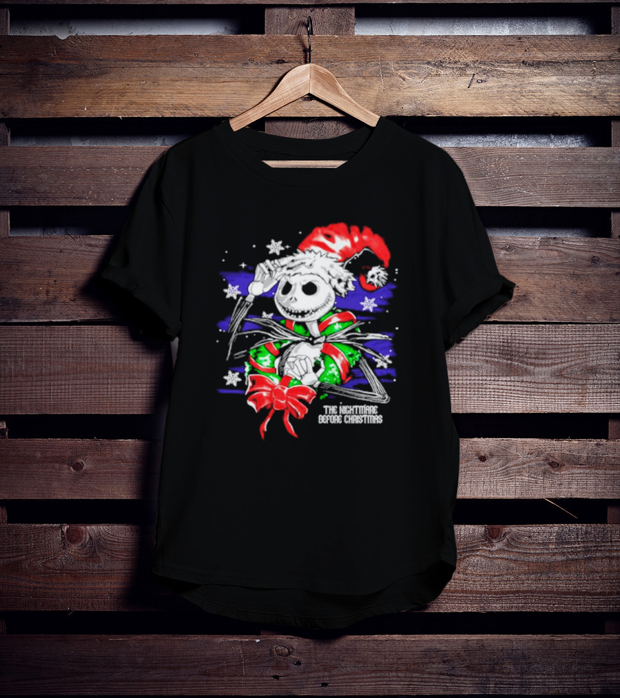 The Nightmare Before Christmas Jack Skellington In Santa Hat And Grinch Green Scarf T-Shirt