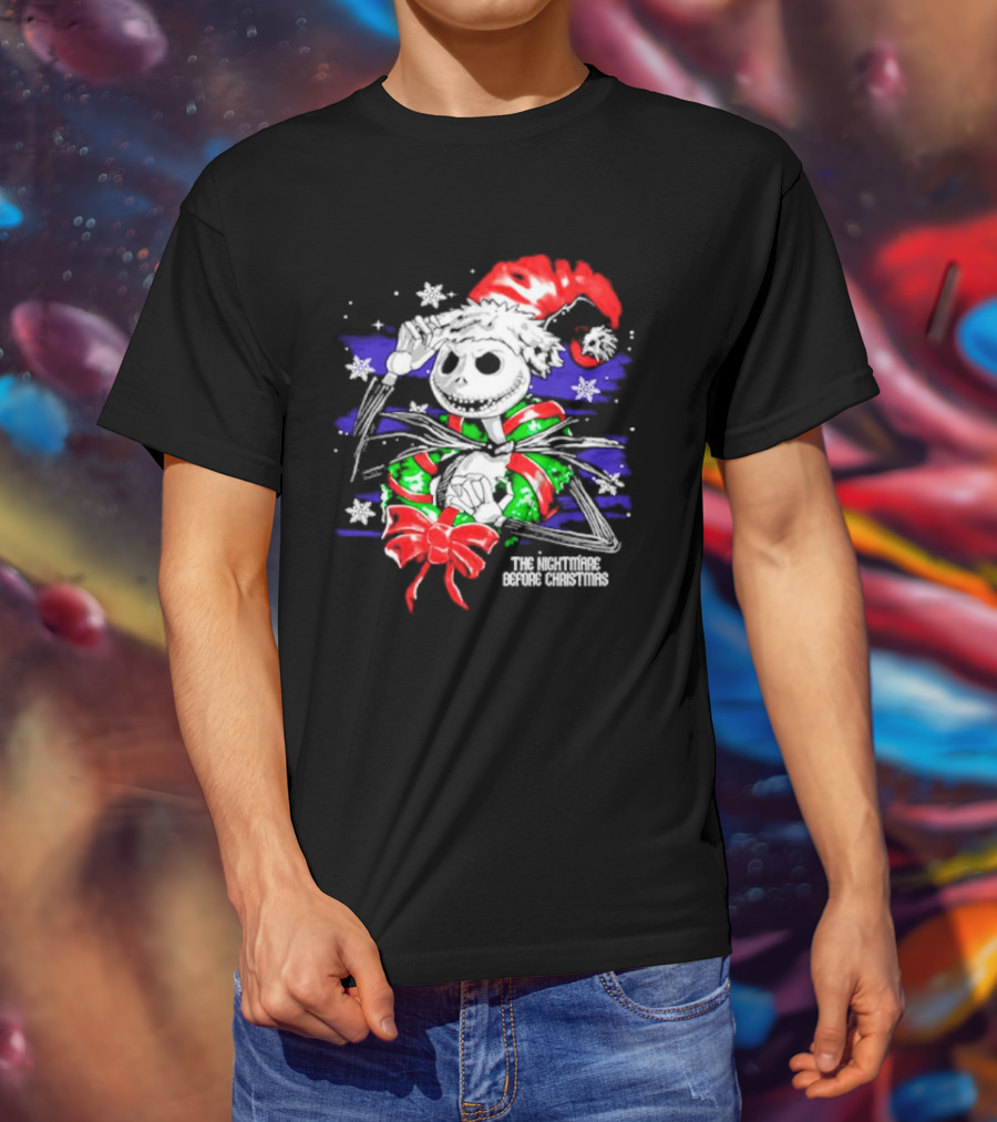 The Nightmare Before Christmas Jack Skellington In Santa Hat And Grinch Green Scarf T-Shirt