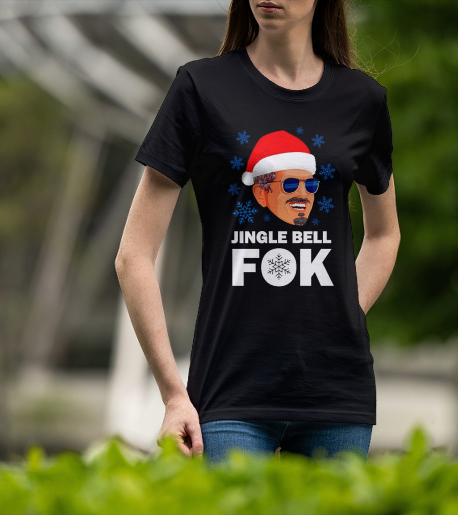 Jingle Bell Fok Santa Christmas Snowflakes Santa Hat Blue Sunglasses T-Shirt