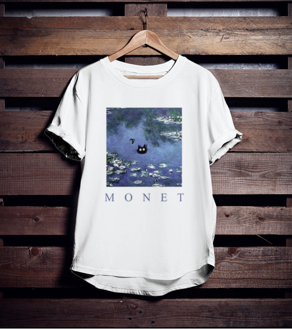 Monet Waterlily Black Cat In Pond With Monet Text T-Shirt