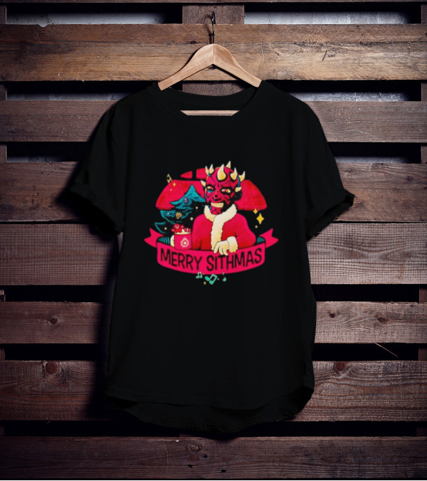Star Wars Merry Sithmas Featuring Darth Maul In Santa Suit With Christmas Tree And Festive Elements T-Shirt