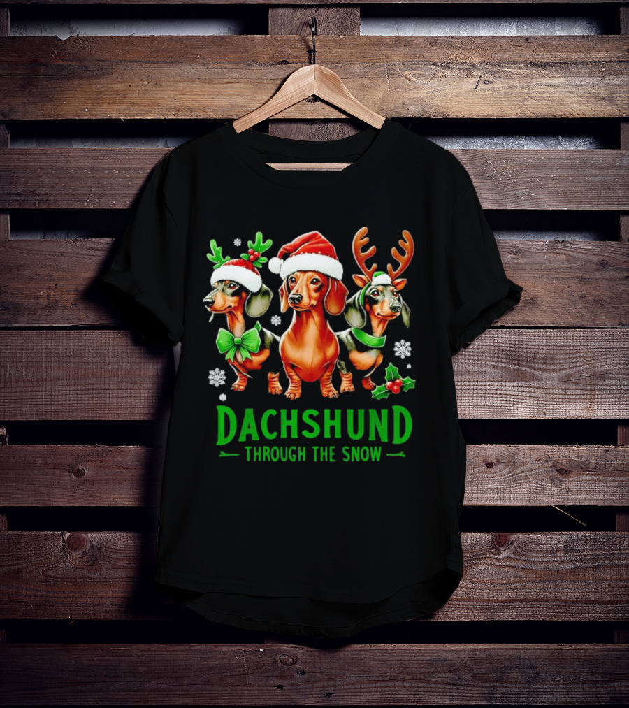 Dachshund Through The Snow Santa Hat Reindeer Antlers Christmas Bow T-Shirt