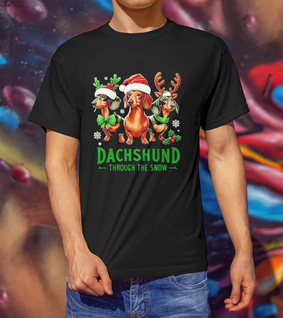 Dachshund Through The Snow Santa Hat Reindeer Antlers Christmas Bow T-Shirt