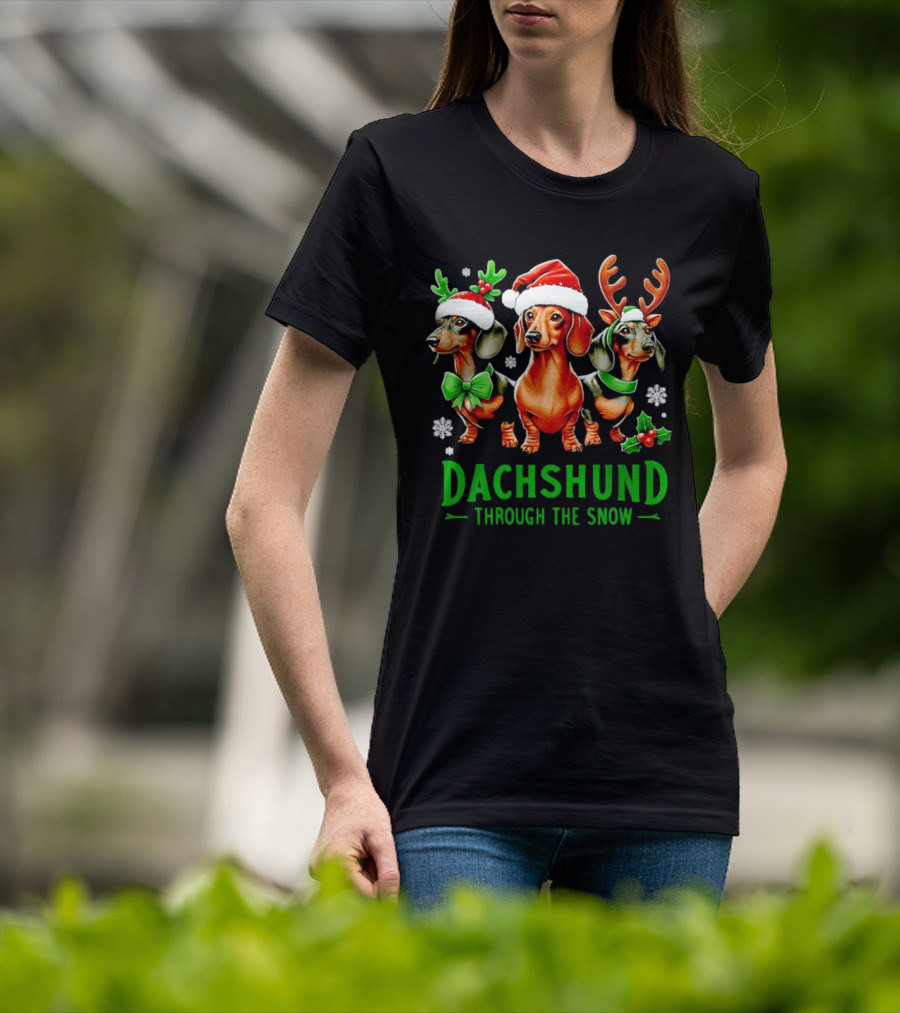 Dachshund Through The Snow Santa Hat Reindeer Antlers Christmas Bow T-Shirt