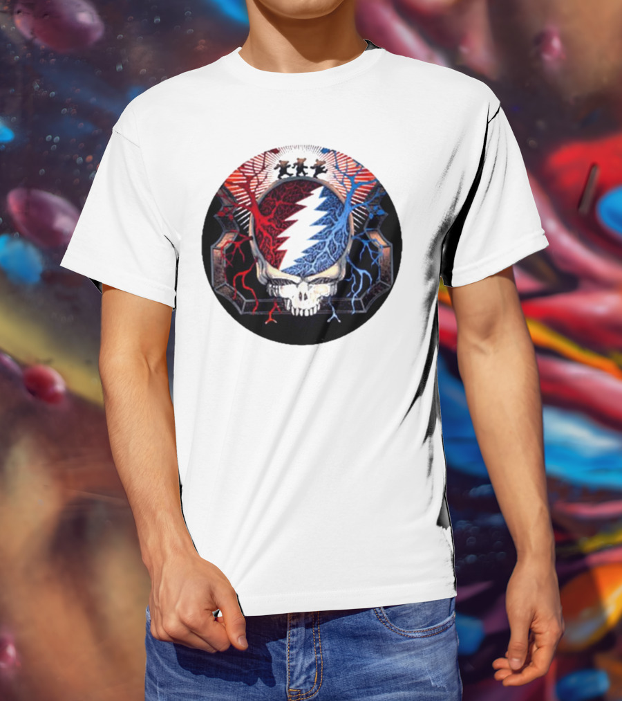 Grateful Dead Skull Bear Red Blue Lightning Bolt Circle T-Shirt