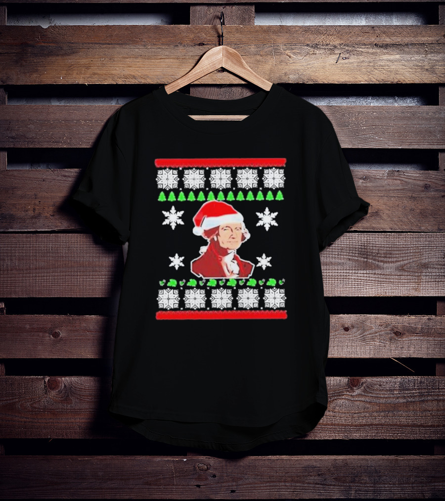 George Washington Santa Hat Christmas Ugly Sweater Style Snowflakes And Trees T-Shirt