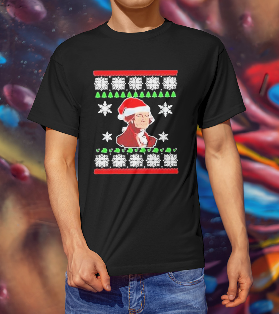 George Washington Santa Hat Christmas Ugly Sweater Style Snowflakes And Trees T-Shirt