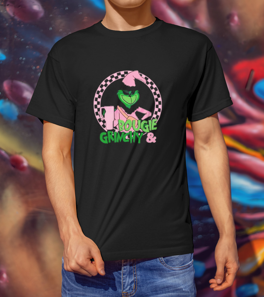 Bougie Grinchy And Pink Character With Checkerboard Circle T-Shirt