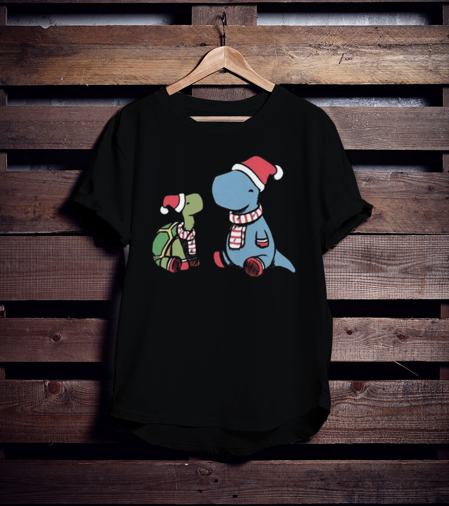 Dinosaur Christmas Tortoise And Dino In Santa Hats And Scarves T-Shirt