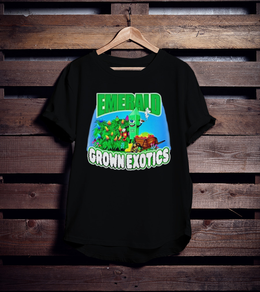 Emerald Grown Exotics Colorful Harvest With EGE Mascot And Wagon T-Shirt