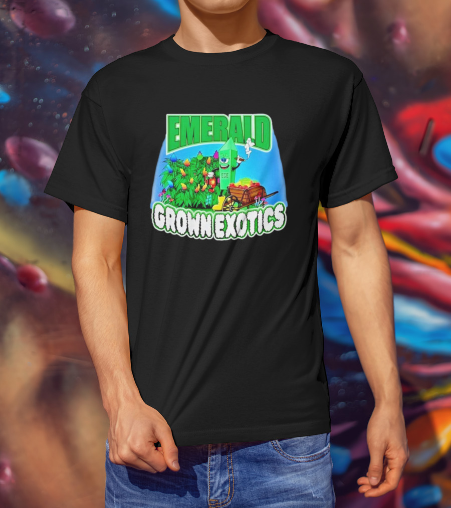Emerald Grown Exotics Colorful Harvest With EGE Mascot And Wagon T-Shirt
