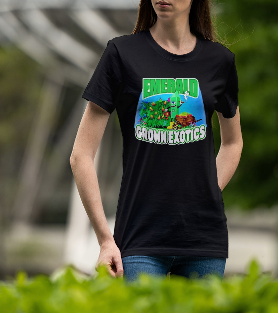Emerald Grown Exotics Colorful Harvest With EGE Mascot And Wagon T-Shirt