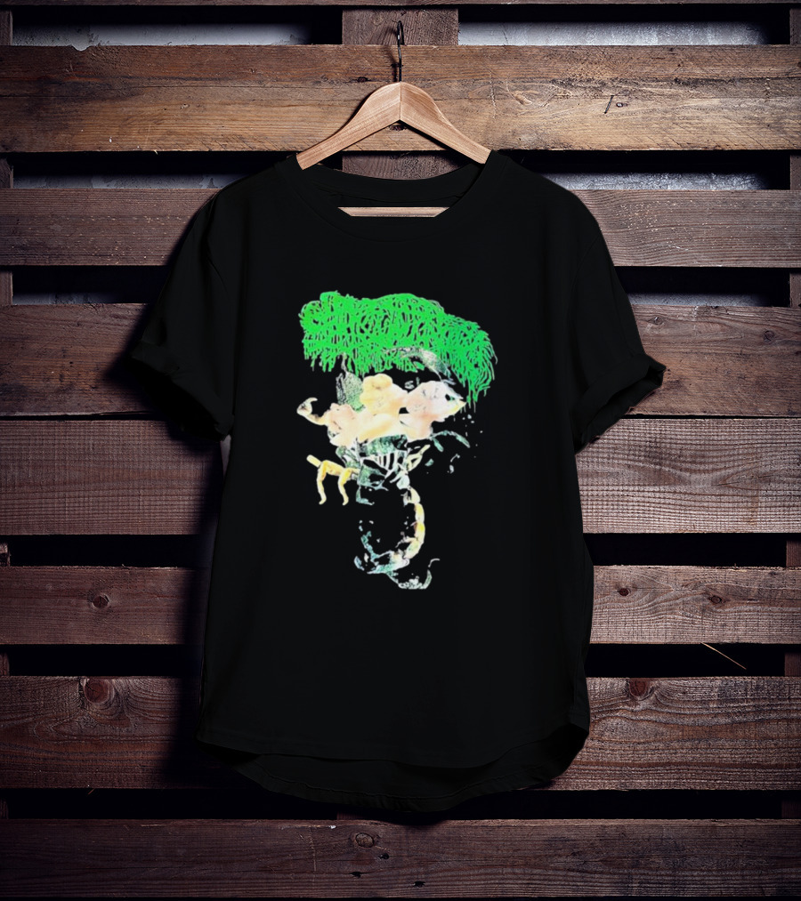 Sanguisugabogg Homicidal Ecstacy Abstract Green Dripping Text With Floral Skull And Spine T-Shirt