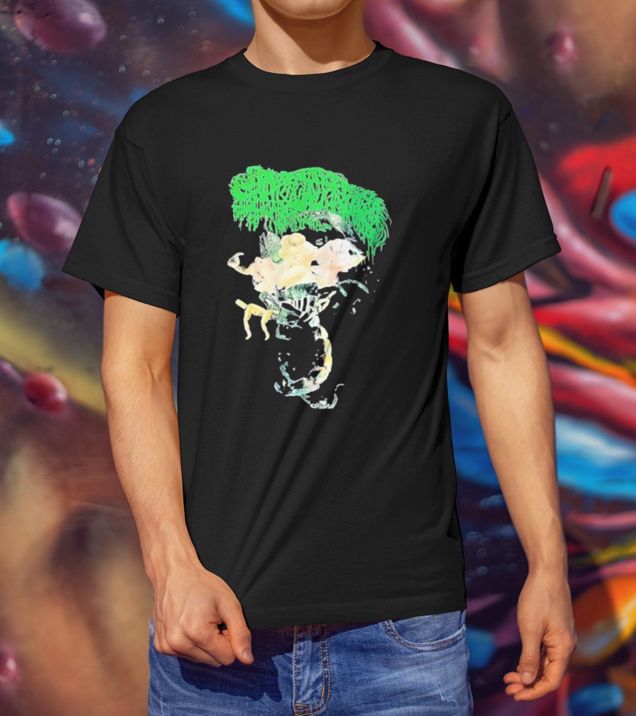 Sanguisugabogg Homicidal Ecstacy Abstract Green Dripping Text With Floral Skull And Spine T-Shirt
