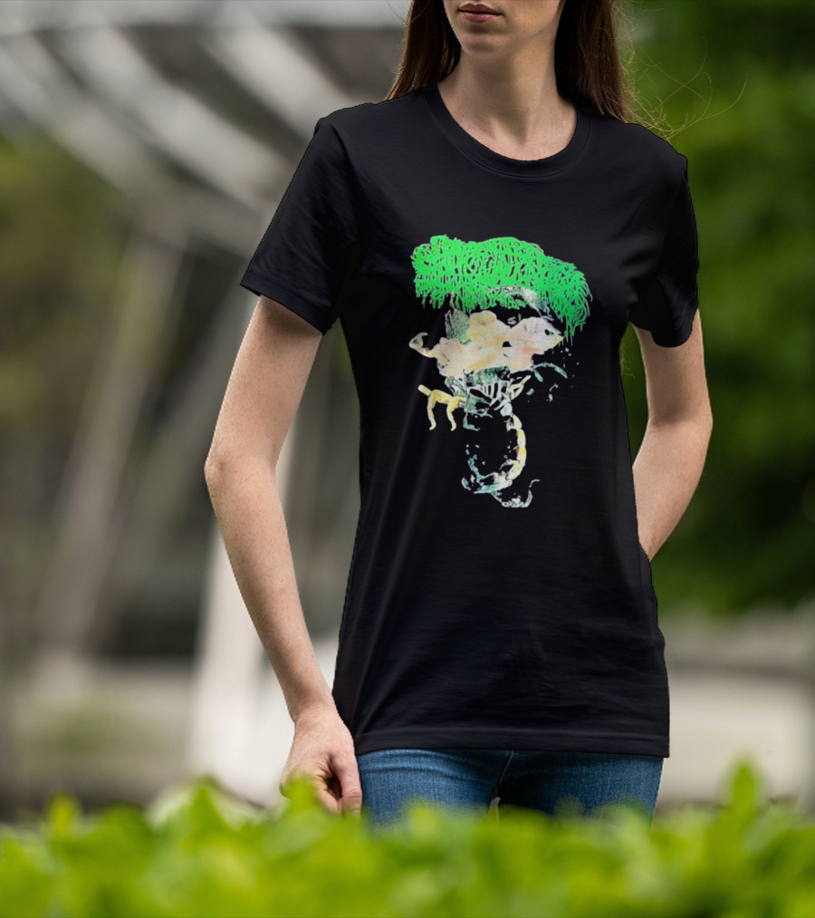 Sanguisugabogg Homicidal Ecstacy Abstract Green Dripping Text With Floral Skull And Spine T-Shirt