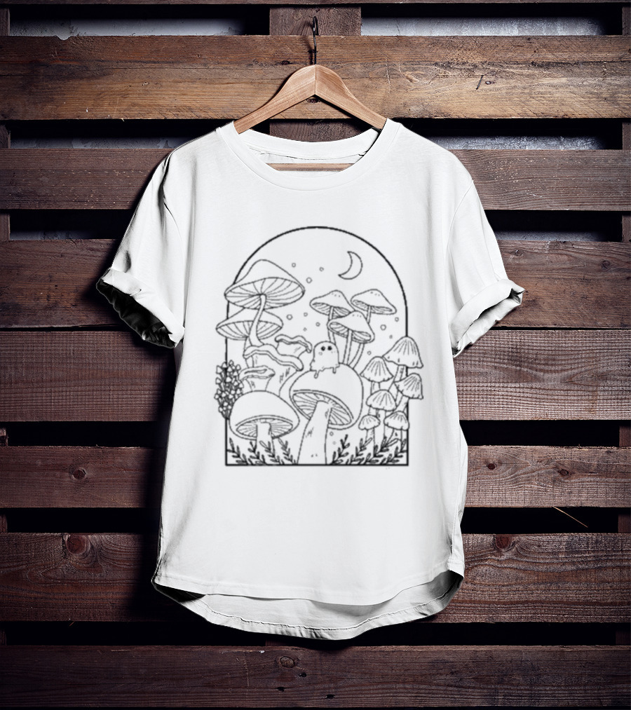 Slimecicle Mushroom Forest Night Scene With Crescent Moon And Cute Ghostly Creature T-Shirt