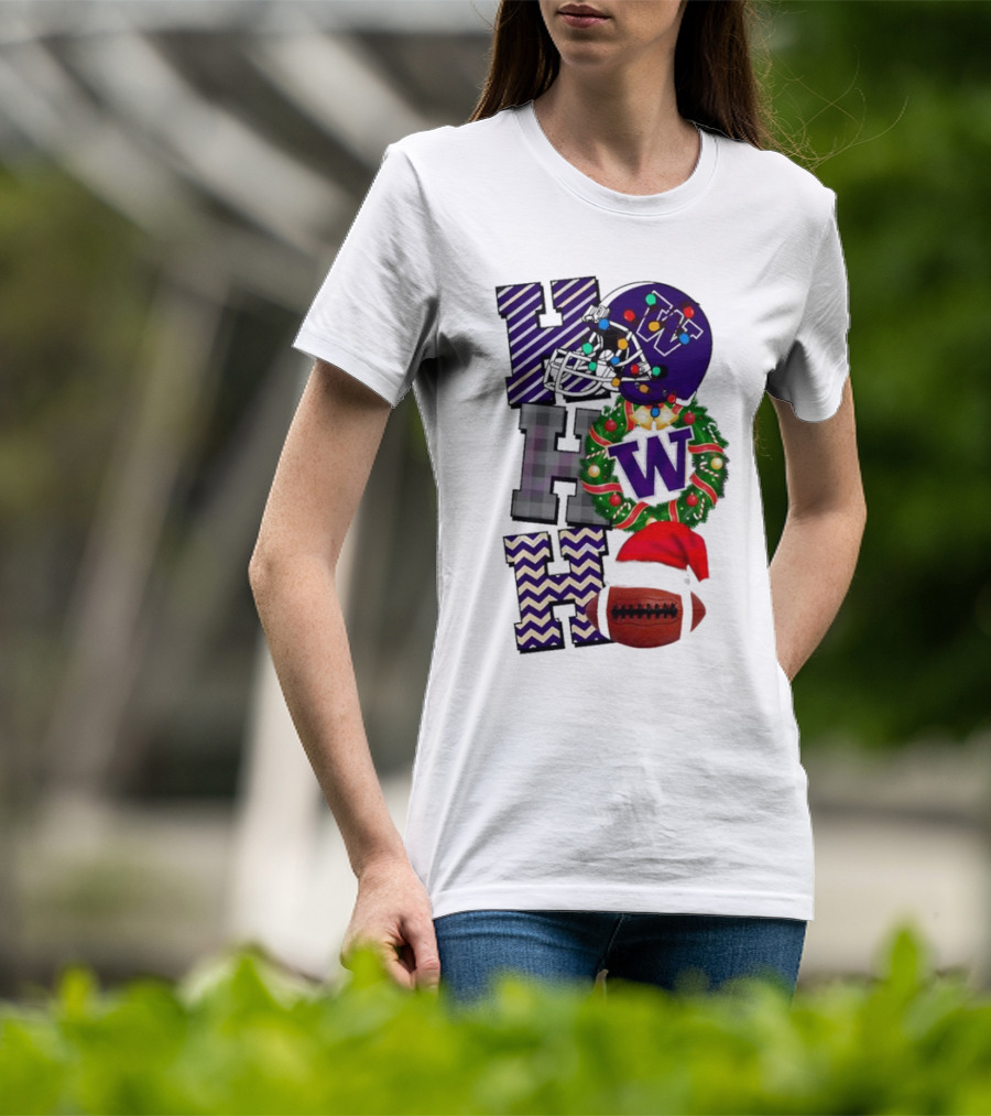 Washington Huskies Football Christmas Helmet Wreath Football Santa Hat Ho Ho Ho T-Shirt