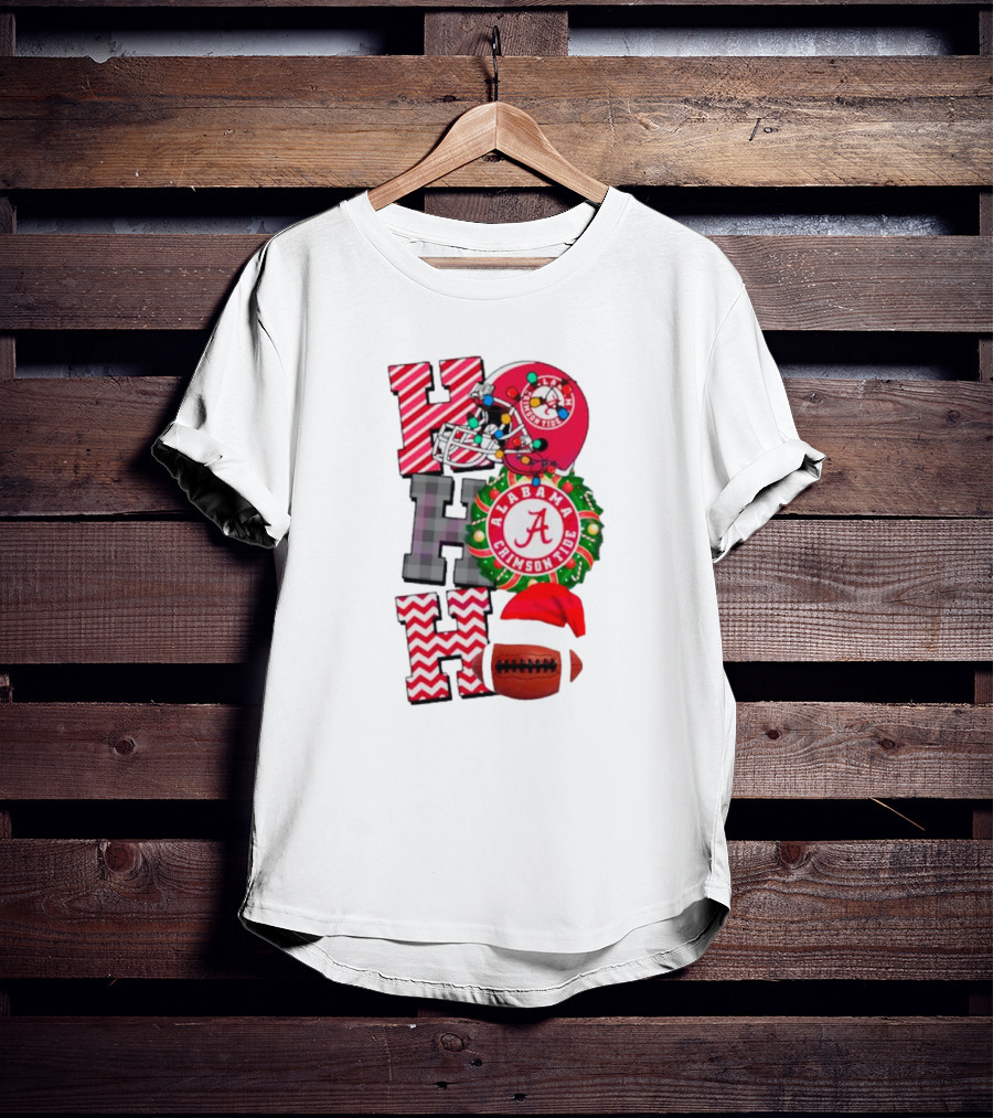 Alabama Crimson Tide Football Christmas Ho Ho Ho Santa Hat Wreath Football Helmet T-Shirt