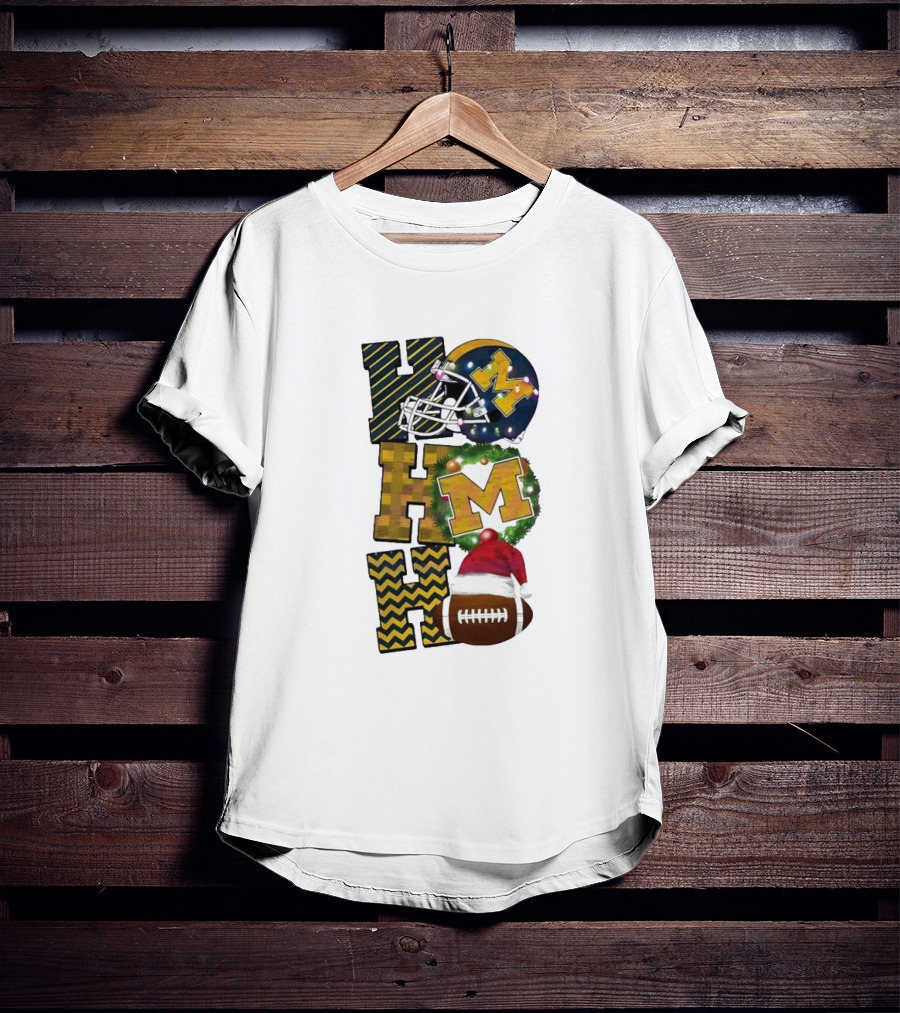 Michigan Wolverines Football Helmet Wreath Christmas Ho Ho Ho T-Shirt