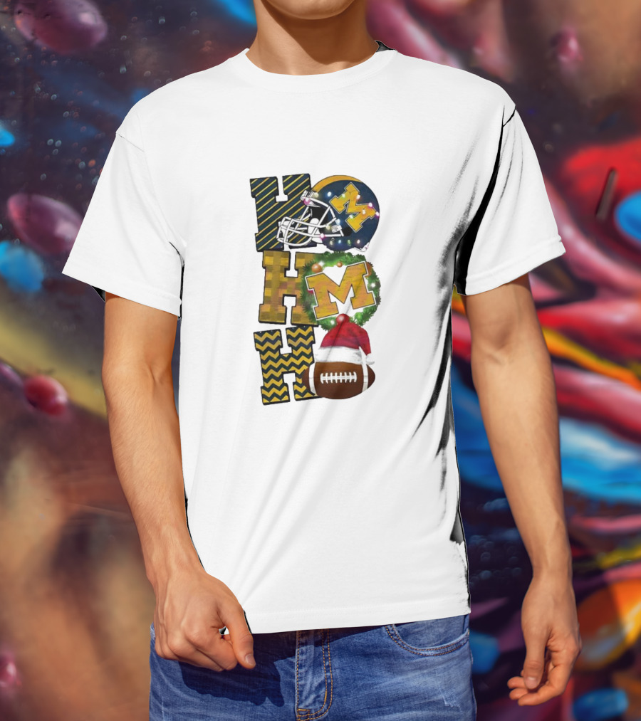 Michigan Wolverines Football Helmet Wreath Christmas Ho Ho Ho T-Shirt