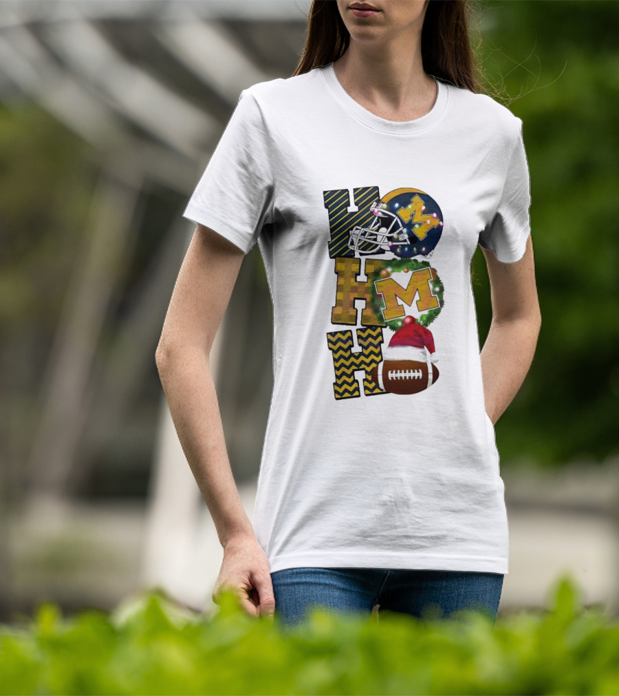 Michigan Wolverines Football Helmet Wreath Christmas Ho Ho Ho T-Shirt