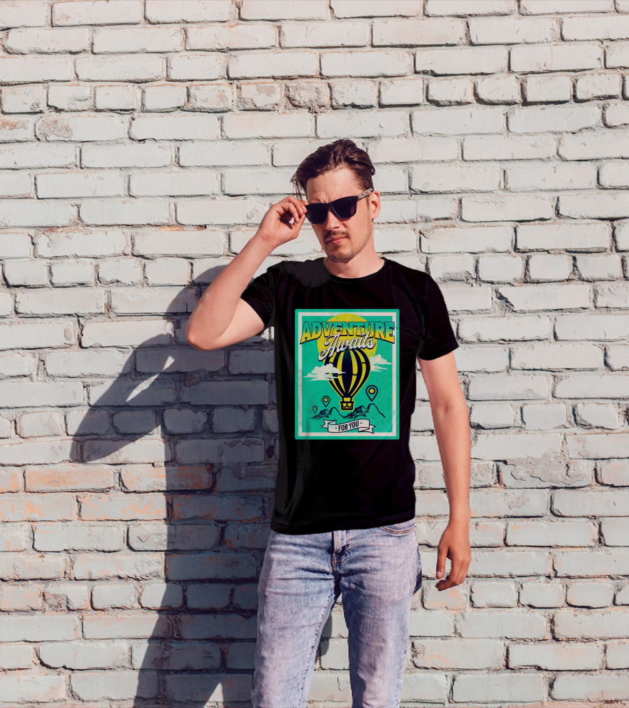 ADVENTURE AWAITS FOR YOU Hot Air Balloon Journey Over Mountains T-Shirt