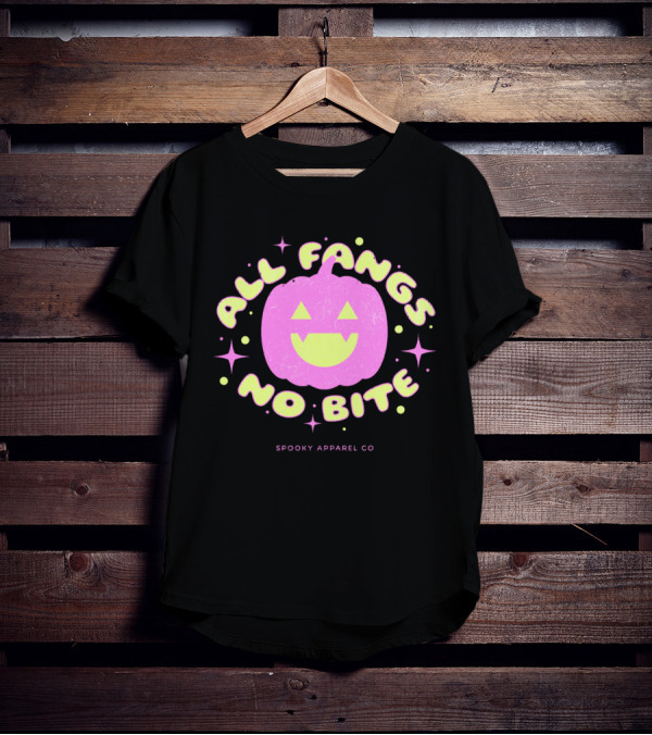 All Fangs No Bite Spooky Apparel Co Halloween Pumpkin T-Shirt