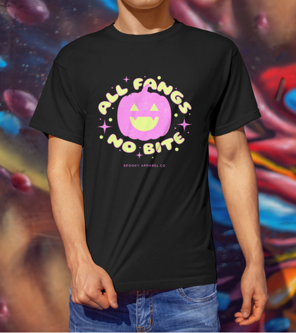 All Fangs No Bite Spooky Apparel Co Halloween Pumpkin T-Shirt