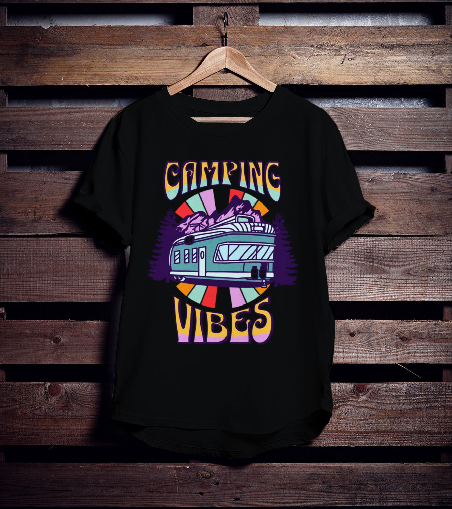 Camping Vibes Retro Travel Trailer Mountains Colorful Sunburst T-Shirt