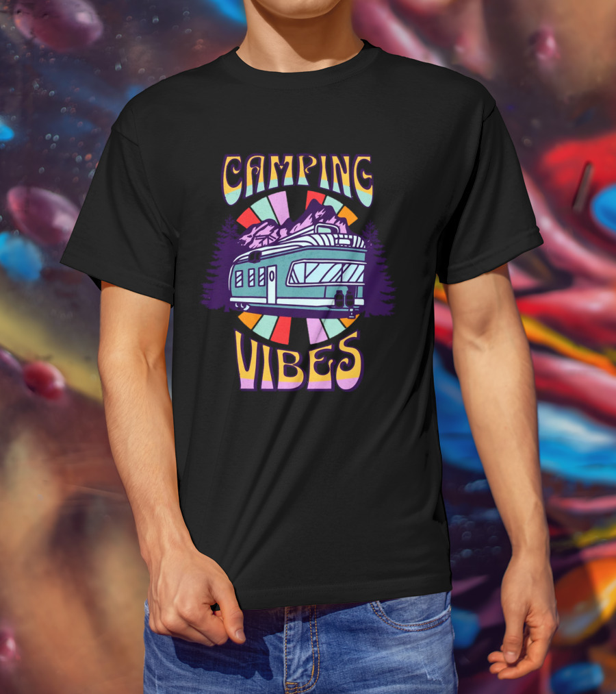 Camping Vibes Retro Travel Trailer Mountains Colorful Sunburst T-Shirt