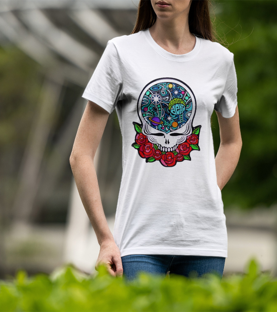 Grateful Dead Skull With Cosmic Rose Design By Danny Steinman T-Shirt