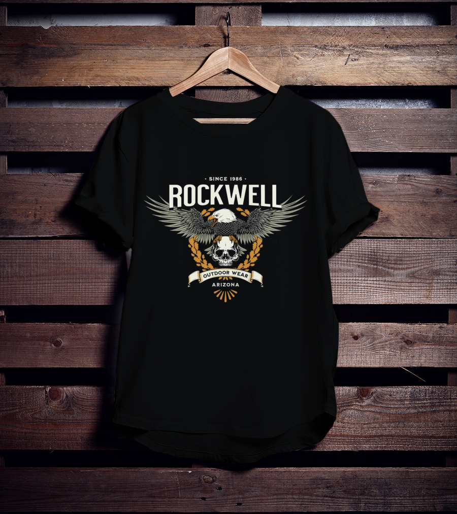 Rockwell Arizona Since 1986 Outdoor Wear Eagle And Skull Badge T-Shirt
