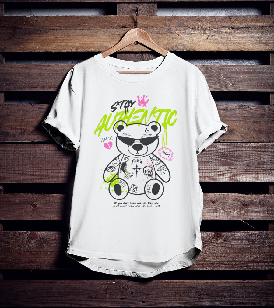 Stay Authentic Graffiti Bear With Pink Crown And Heart T-Shirt