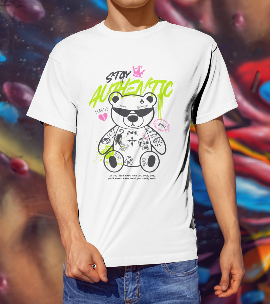 Stay Authentic Graffiti Bear With Pink Crown And Heart T-Shirt