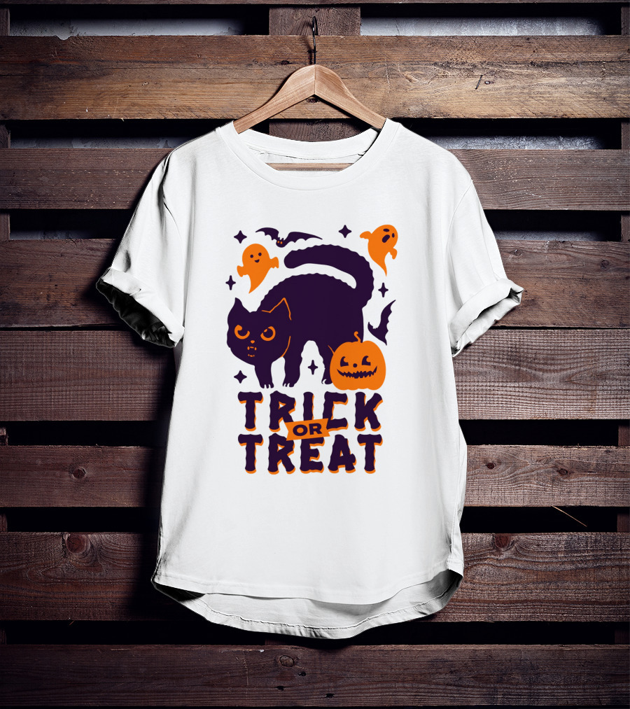 Trick Or Treat Halloween Cats Pumpkins Ghosts And Bats T-Shirt
