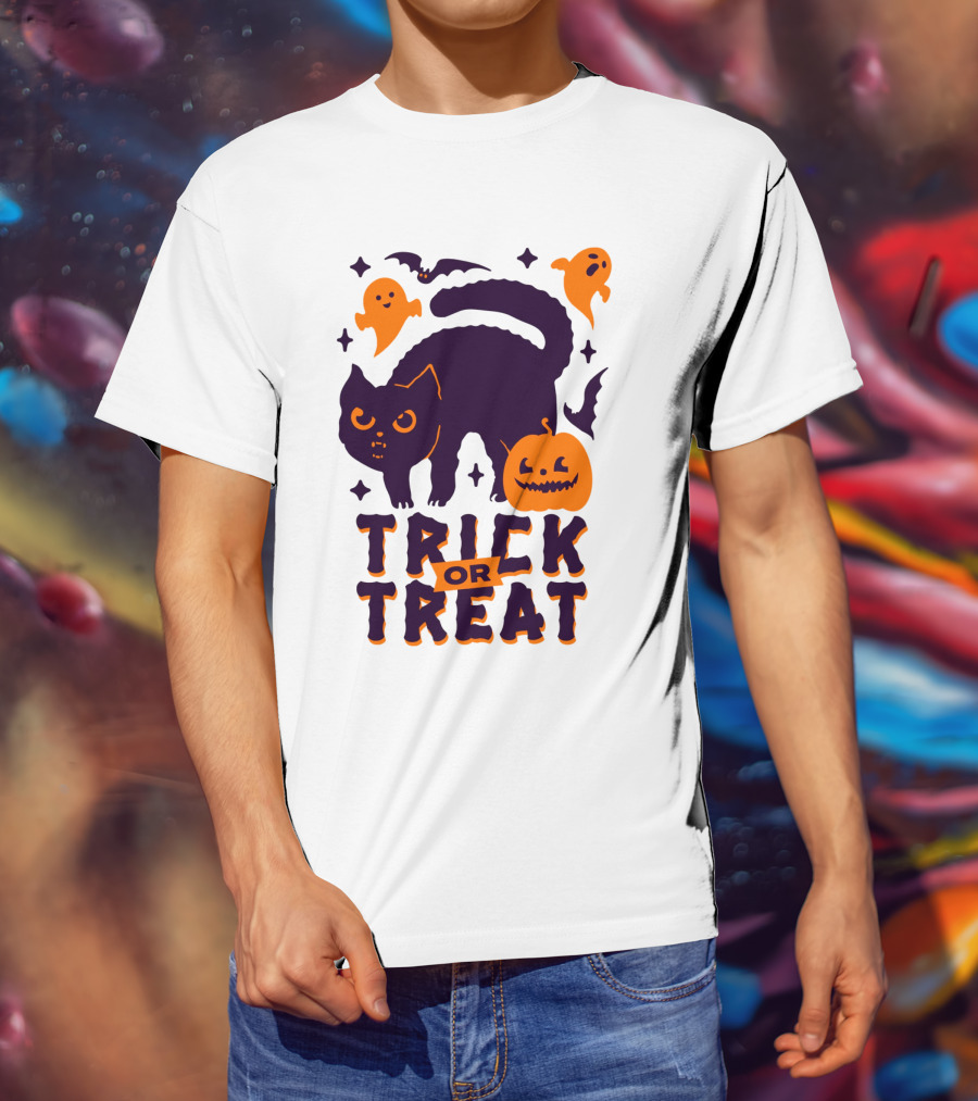 Trick Or Treat Halloween Cats Pumpkins Ghosts And Bats T-Shirt