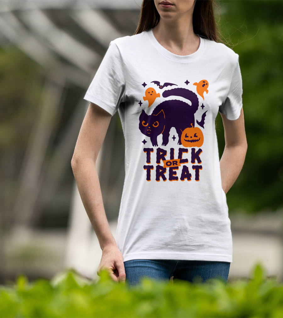 Trick Or Treat Halloween Cats Pumpkins Ghosts And Bats T-Shirt