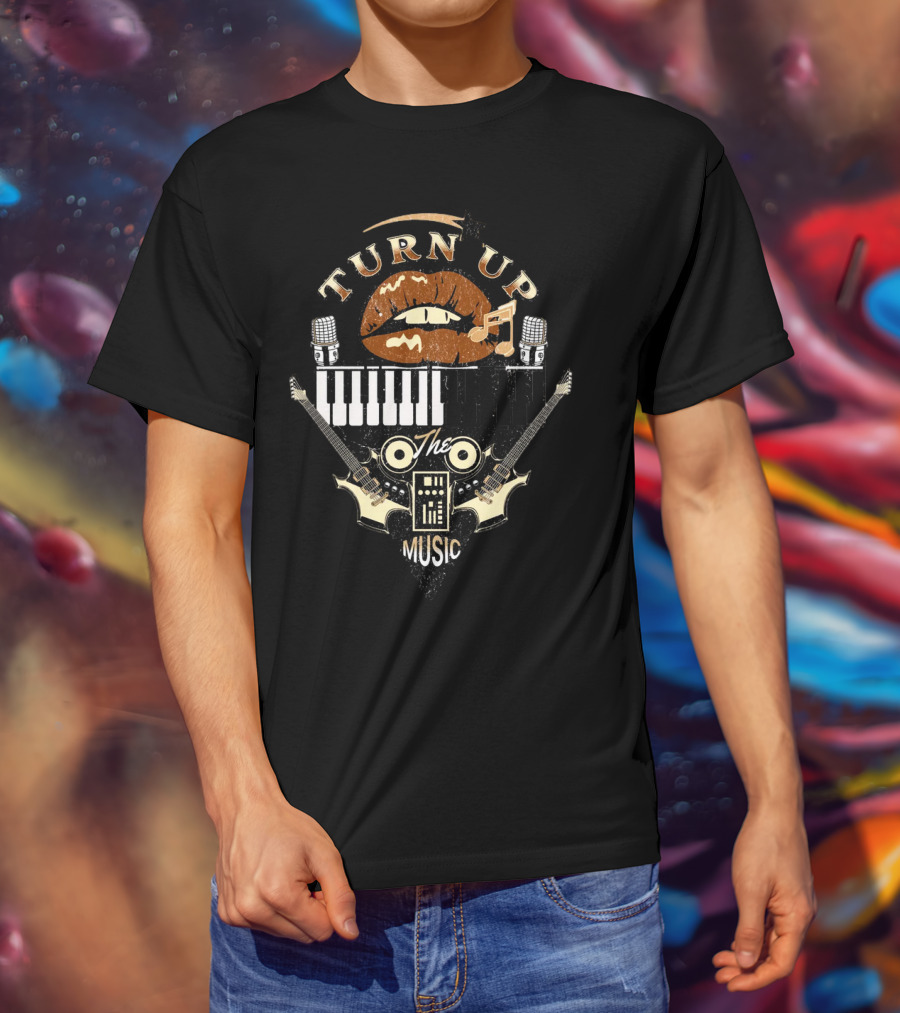 TURN UP THE MUSIC Keyboard Guitars And Microphones T-Shirt