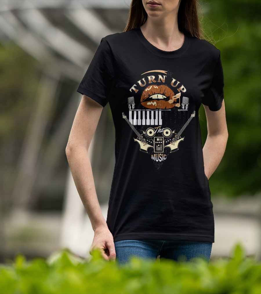 TURN UP THE MUSIC Keyboard Guitars And Microphones T-Shirt