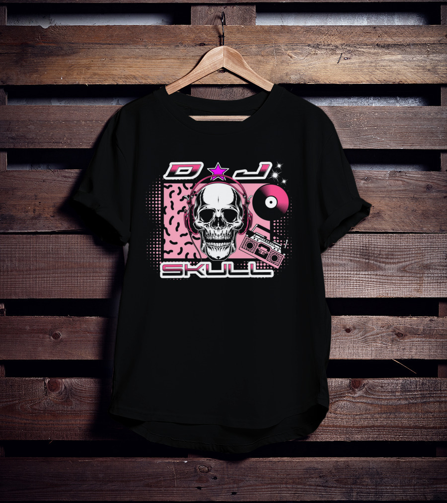 DJ Skull Retro Headphones Boombox Vinyl Star T-Shirt