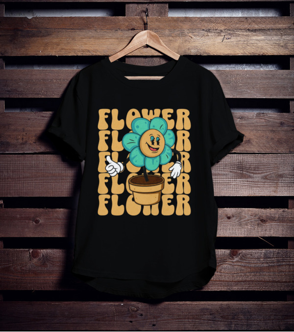 Flower Happy Blue Petal Character In Pot With Groovy Text T-Shirt
