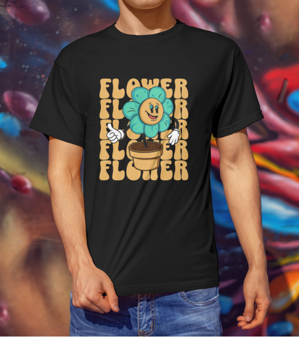 Flower Happy Blue Petal Character In Pot With Groovy Text T-Shirt