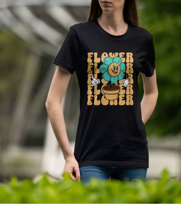Flower Happy Blue Petal Character In Pot With Groovy Text T-Shirt