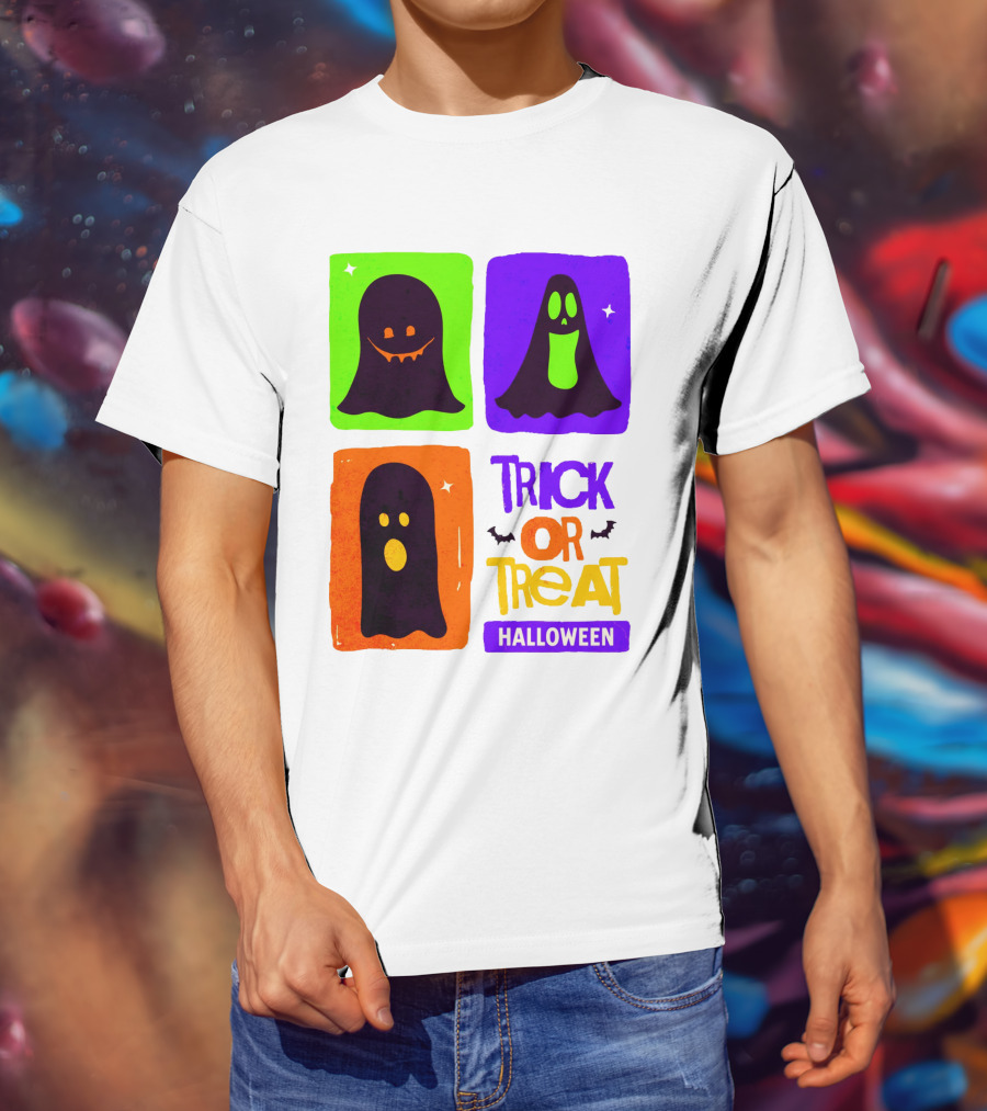 Halloween Trick Or Treat Ghosts In Colorful Boxes T-Shirt